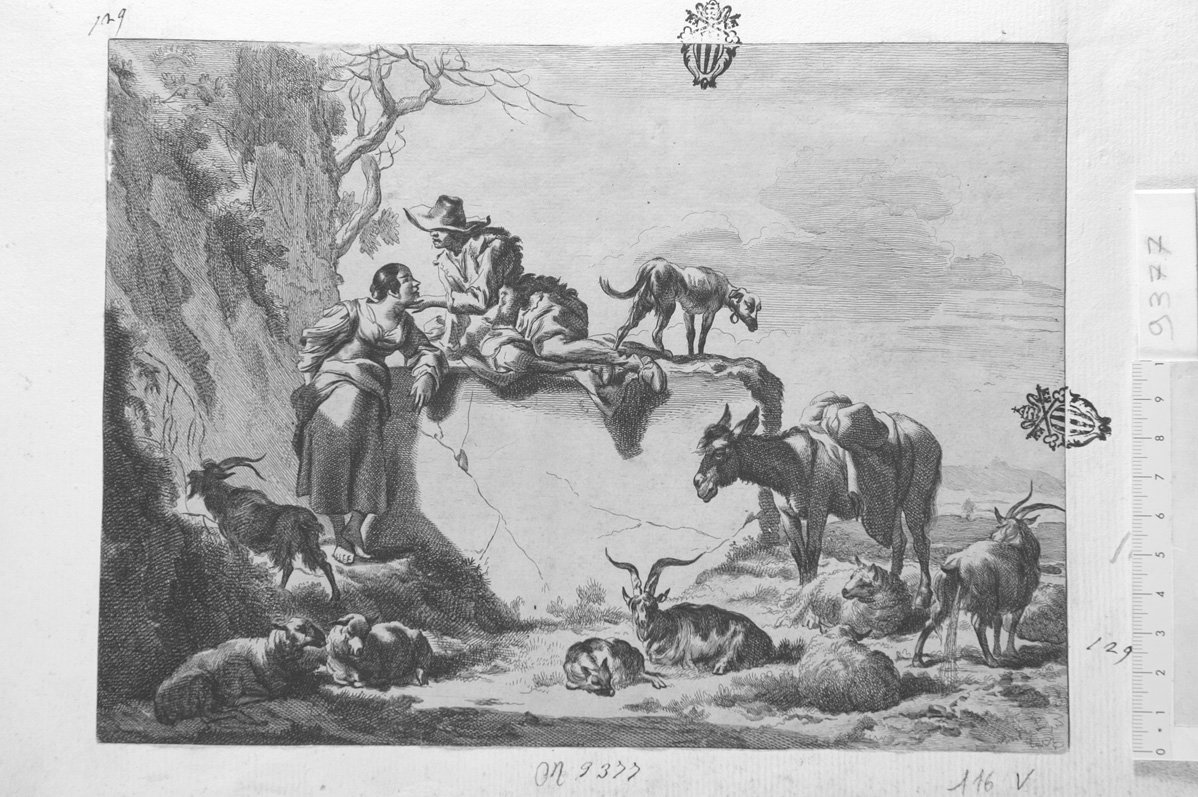 Pastore con macigno che parla con pastorella e gregge (stampa) di De Visscher Jan (attribuito) (sec. XVII)