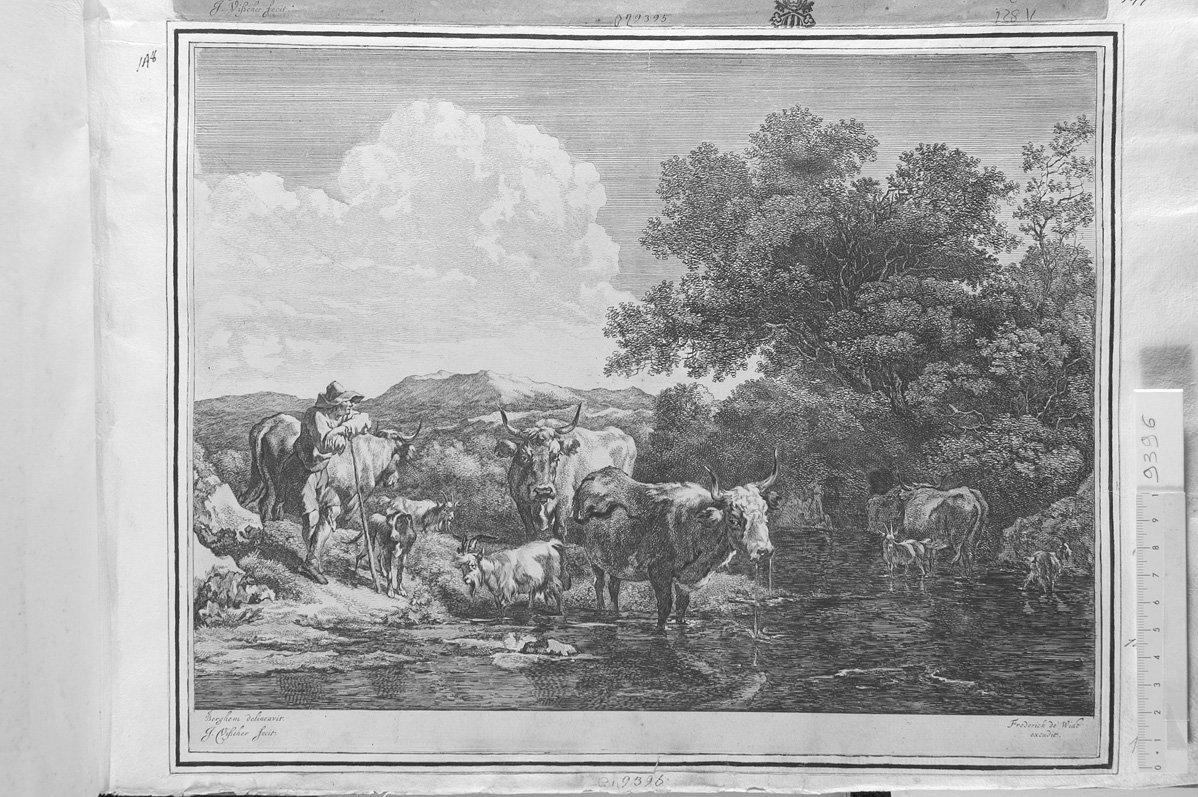 Diversa animalia quadrupedia: pastore appoggiato ad un bastone e gregge presso un ruscello (stampa) di De Visscher Jan, Berchem Nicolaes (sec. XVII)