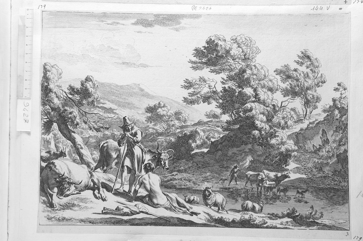 Pastore con bastone, altro a torso nudo con zampogna accanto, gregge (stampa) di De Visscher Jan (sec. XVII)