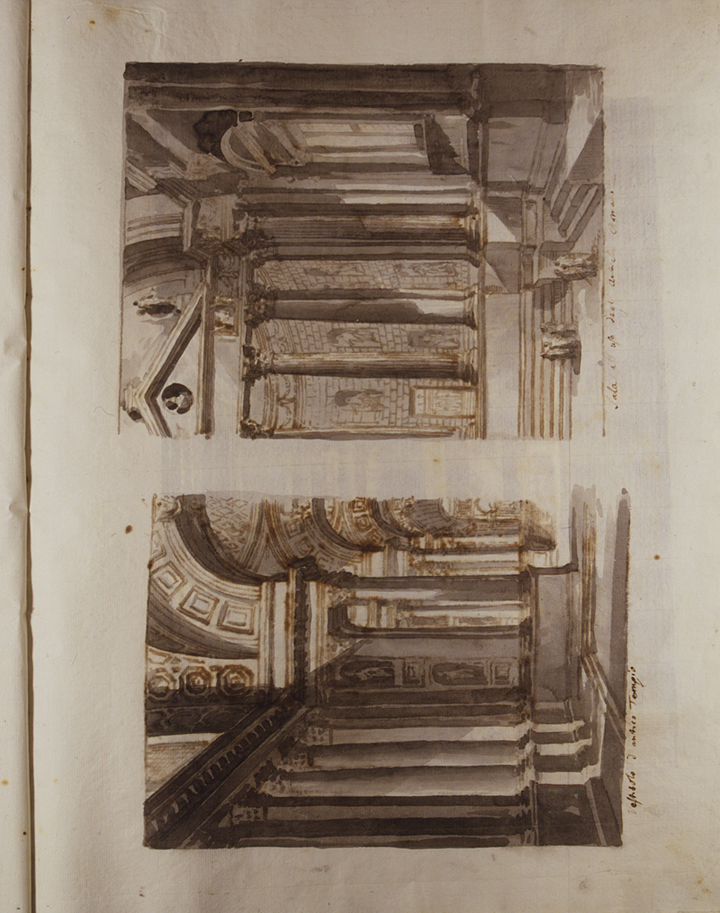 Vestibolo d'antico tempio; Sala all'uso degli antichi Romani, prospettive di templi antichi (disegno) di Basoli Antonio (sec. XIX)