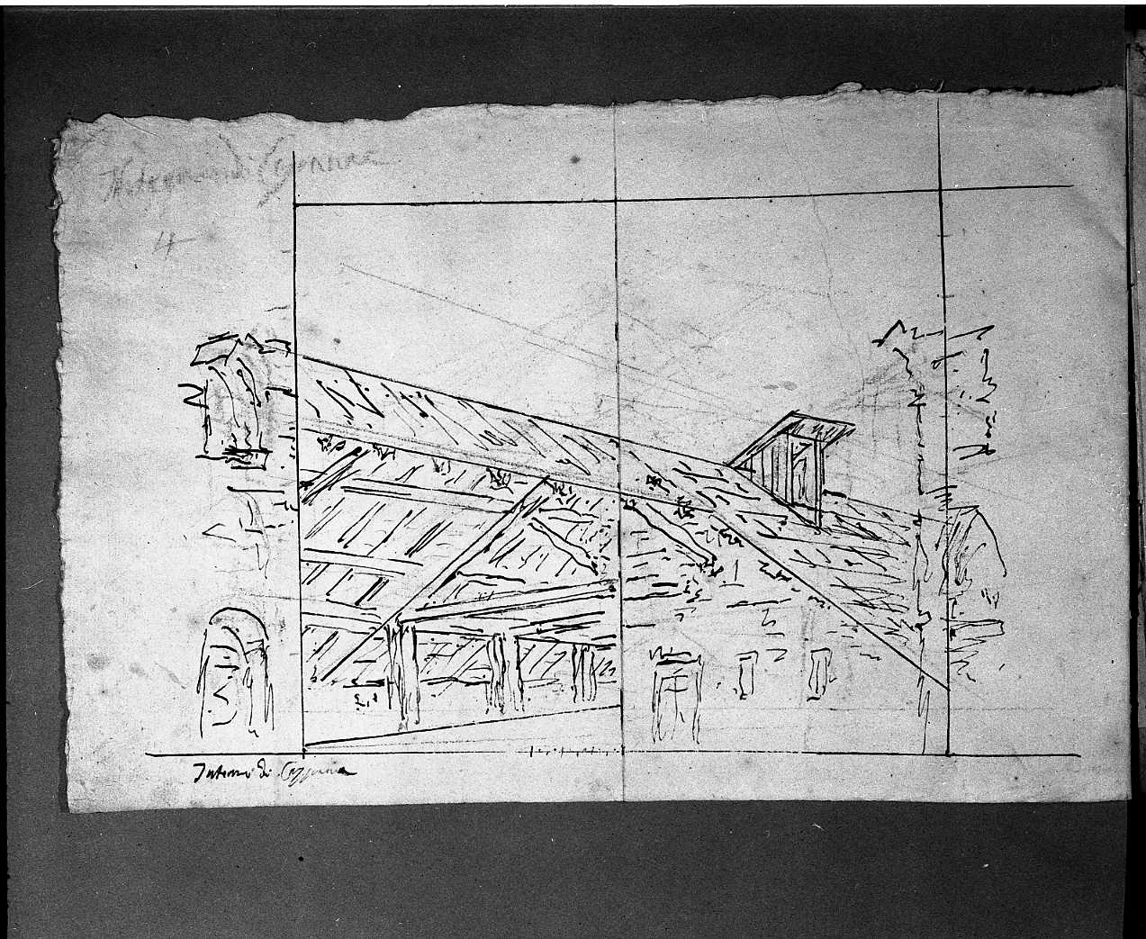 interno di capanna/ interno di capanna (disegno) di Galliari Giuseppino (attribuito) (sec. XVIII)