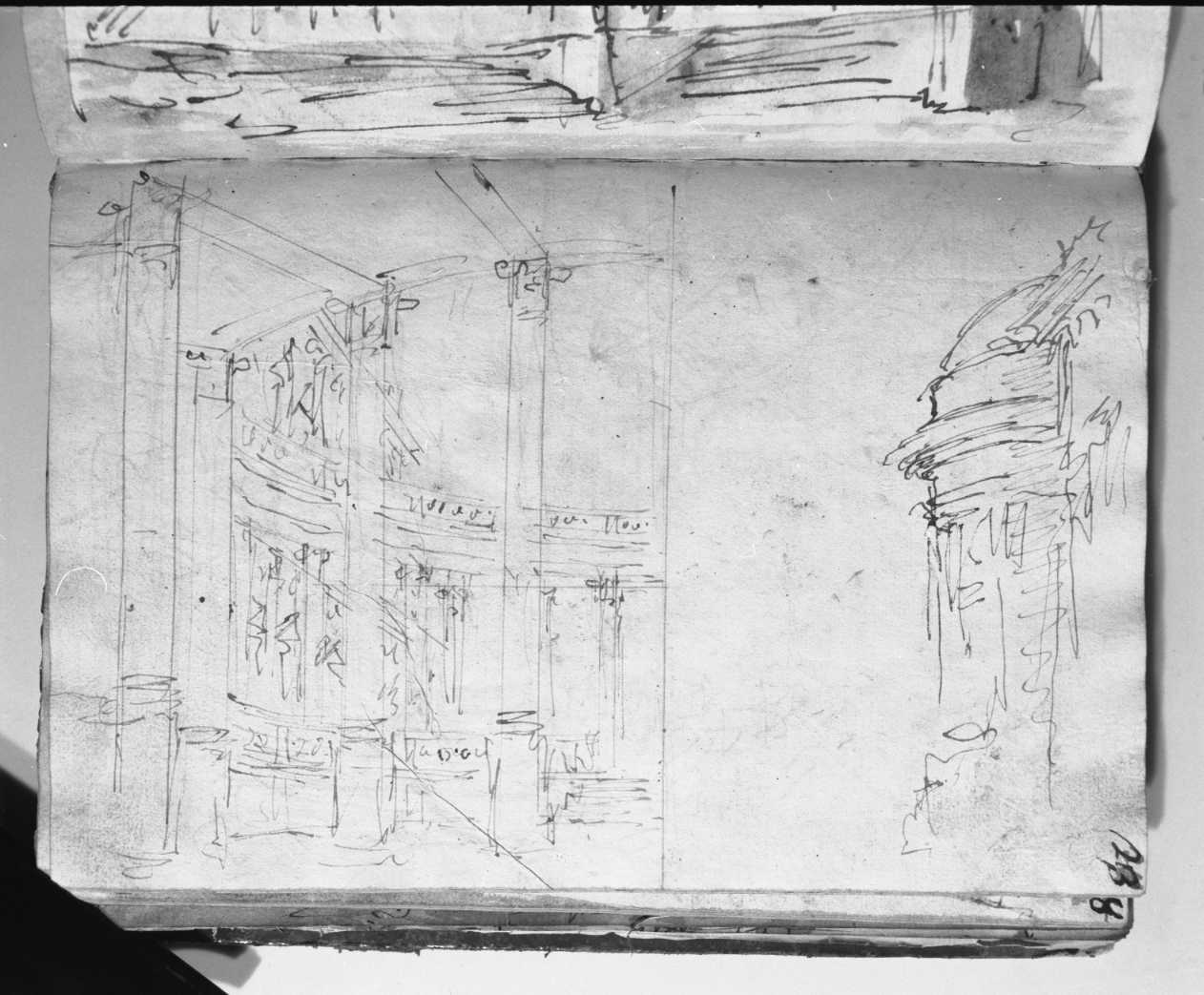 colonnato e laterali di tempio/ Campidoglio e palazzo con scalone (disegno, elemento d'insieme) di Galliari Fabrizio (attribuito) (sec. XVIII)