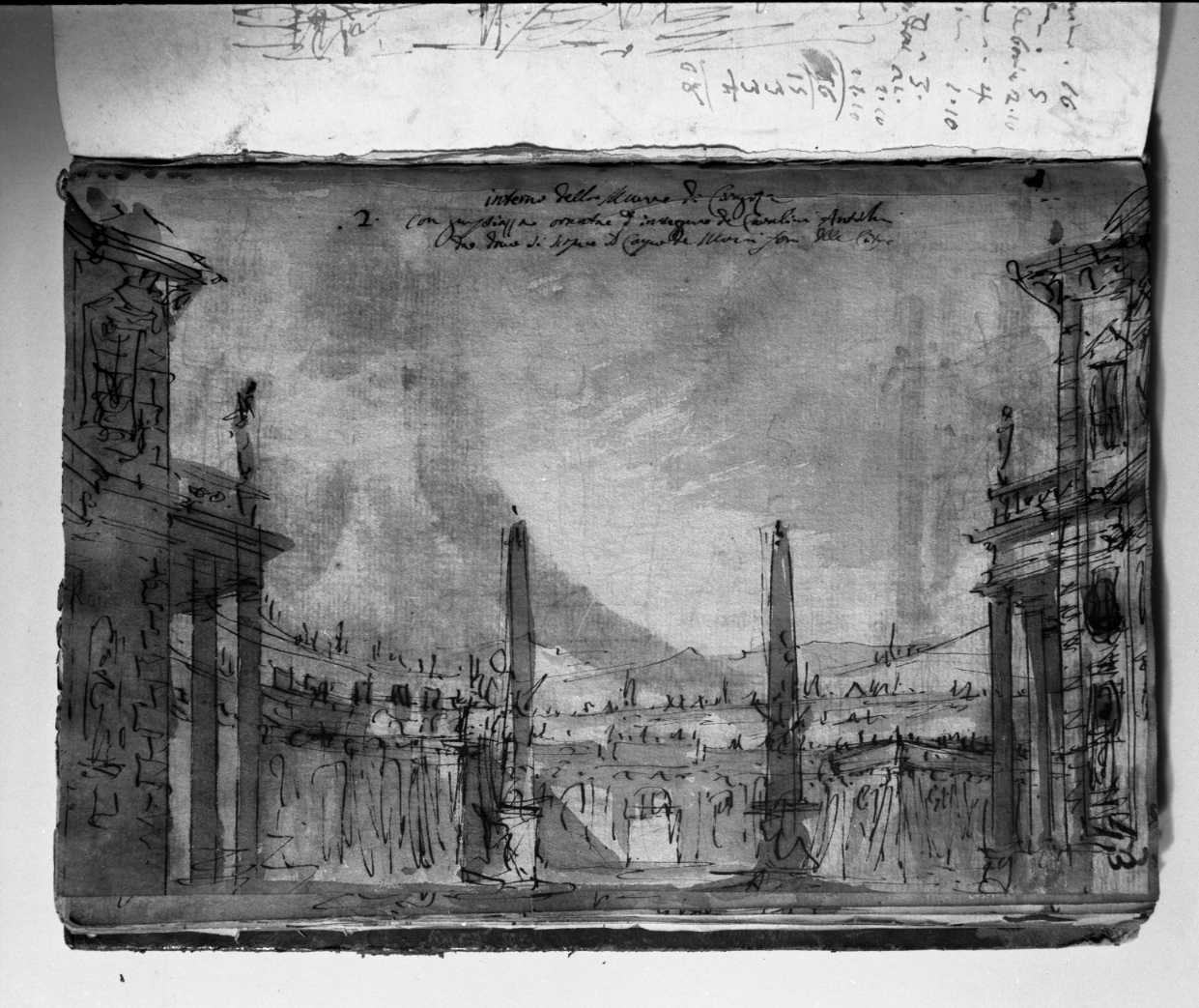 interno delle mura di Siragosa (Siracusa?) con piazza/ altra idea per la stessa scena (disegno, elemento d'insieme) di Galliari Fabrizio (attribuito) (sec. XVIII)