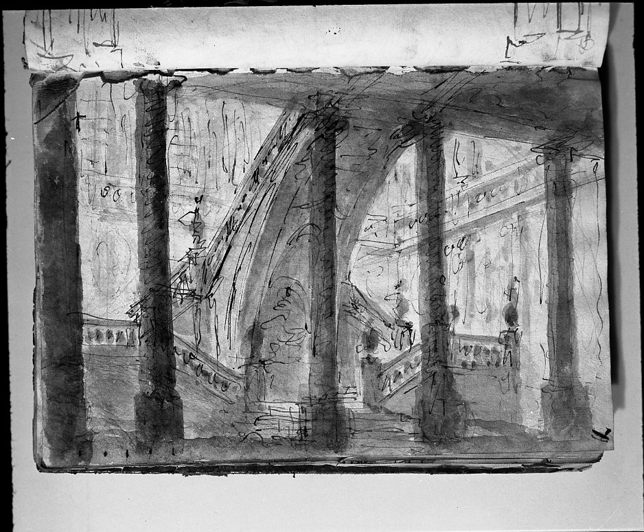 grande atrio con scalone/ schizzo di sotterraneo (disegno, elemento d'insieme) di Galliari Fabrizio (attribuito) (sec. XVIII)