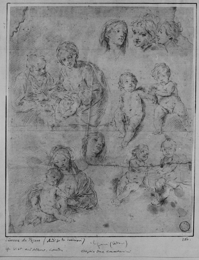 Sacra Famiglia, Madonna col Bambino, teste femminili, bambini (disegno) di Cantarini Simone detto Pesarese (maniera) (seconda metà sec. XVII)