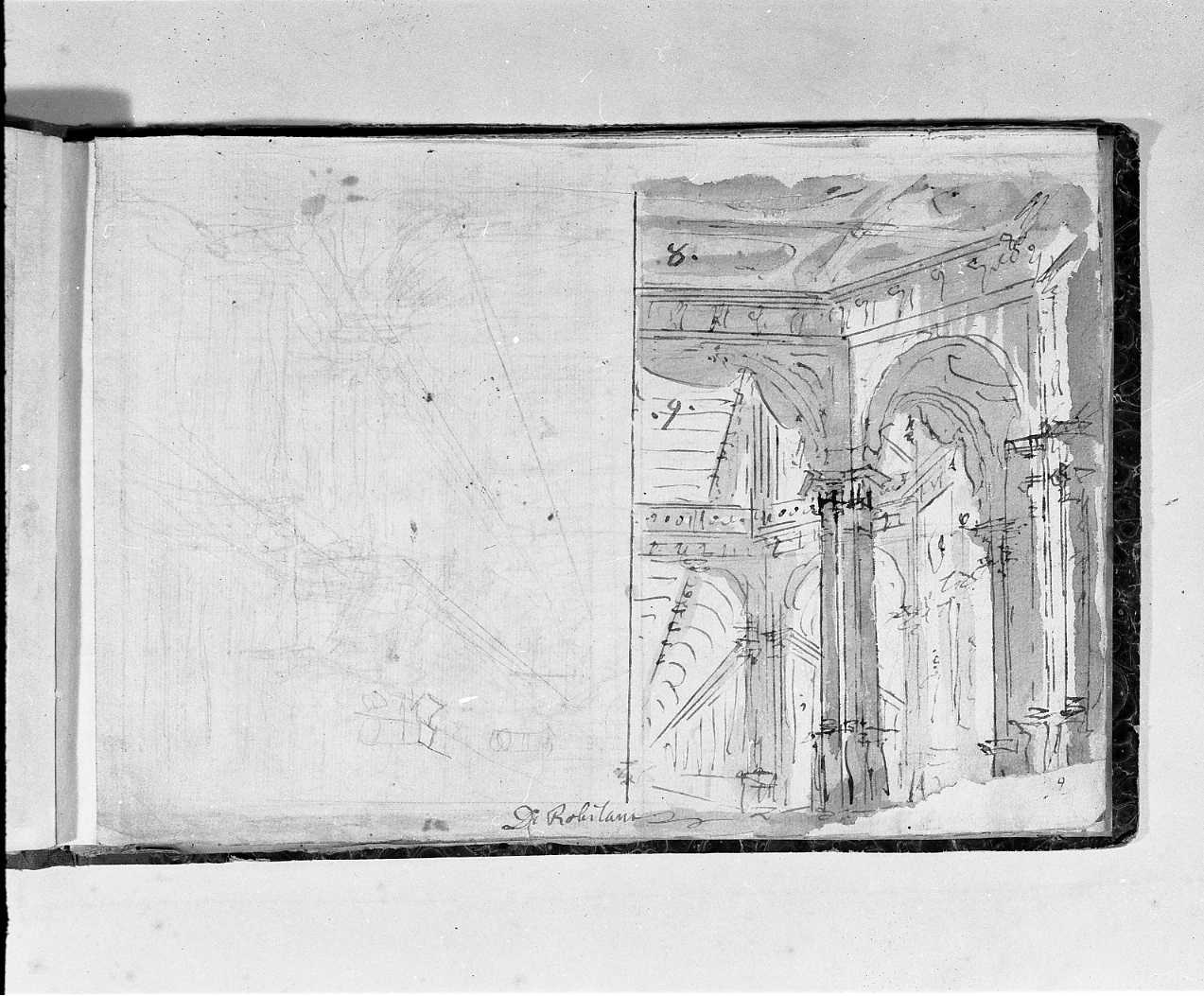 reggia e abbozzo di reggia/ indicazioni di scene (disegno, elemento d'insieme) di Galliari Fabrizio (attribuito) (sec. XVIII)