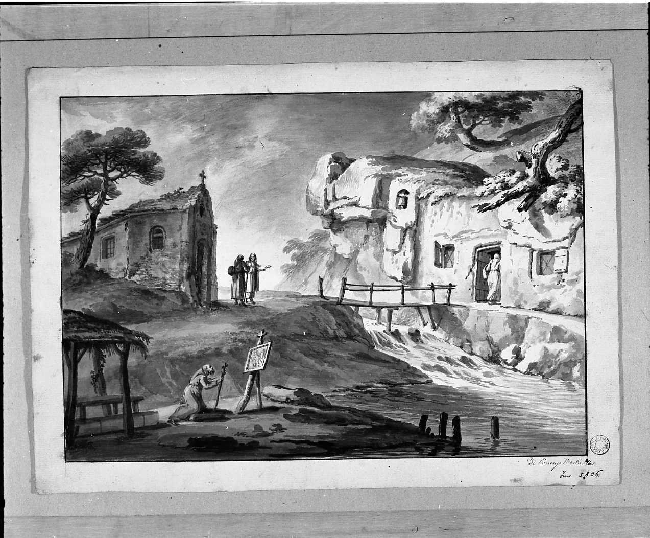 paesaggio con una chiesetta a sinistra (disegno, opera isolata) di Martinelli Vincenzo (secc. XVIII/ XIX)