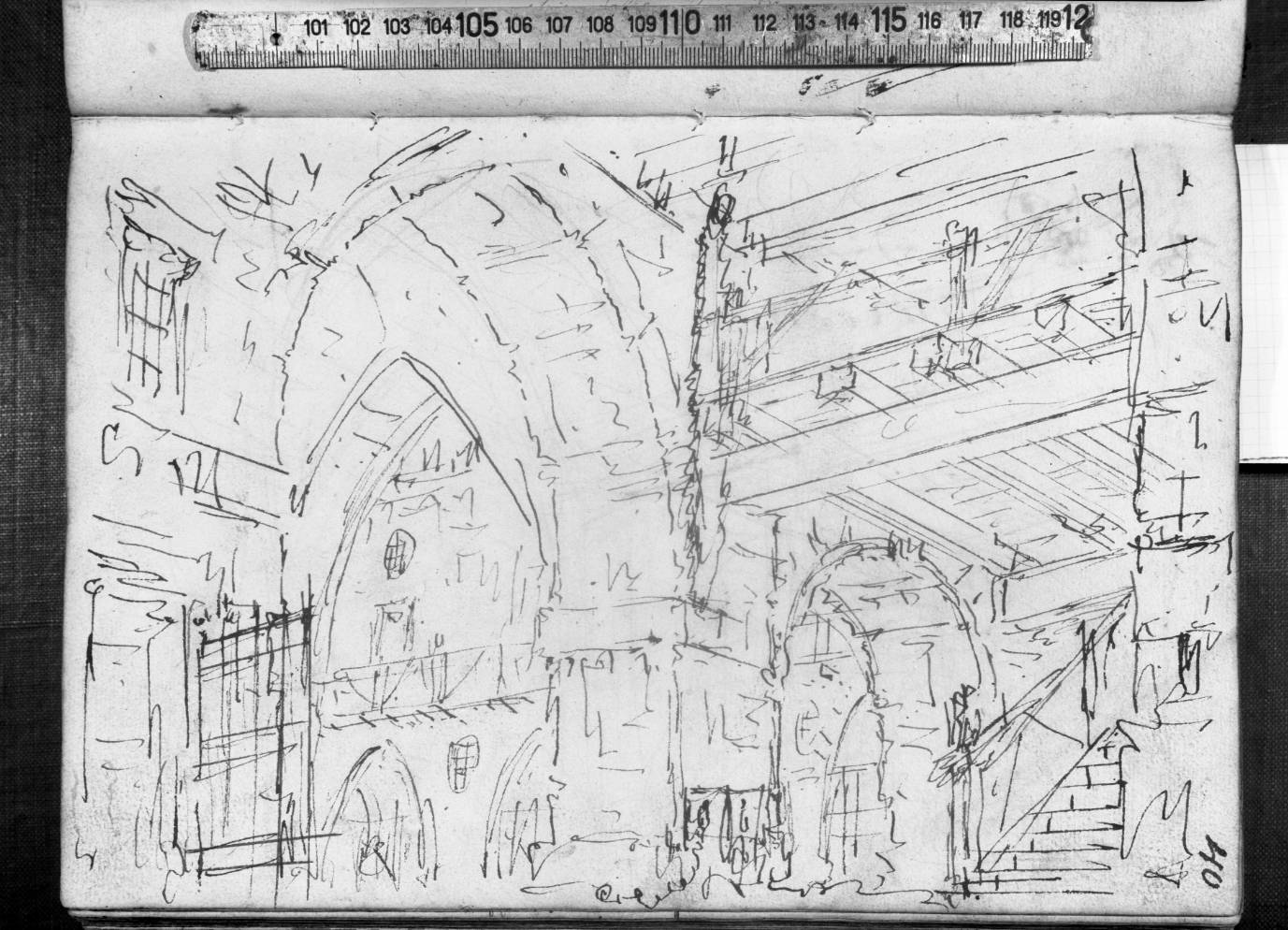 atrio delle prigioni/ la parte terminante del disegno successivo (Gabinetti reali) (disegno, elemento d'insieme) di Galliari Fabrizio (attribuito) (sec. XVIII)