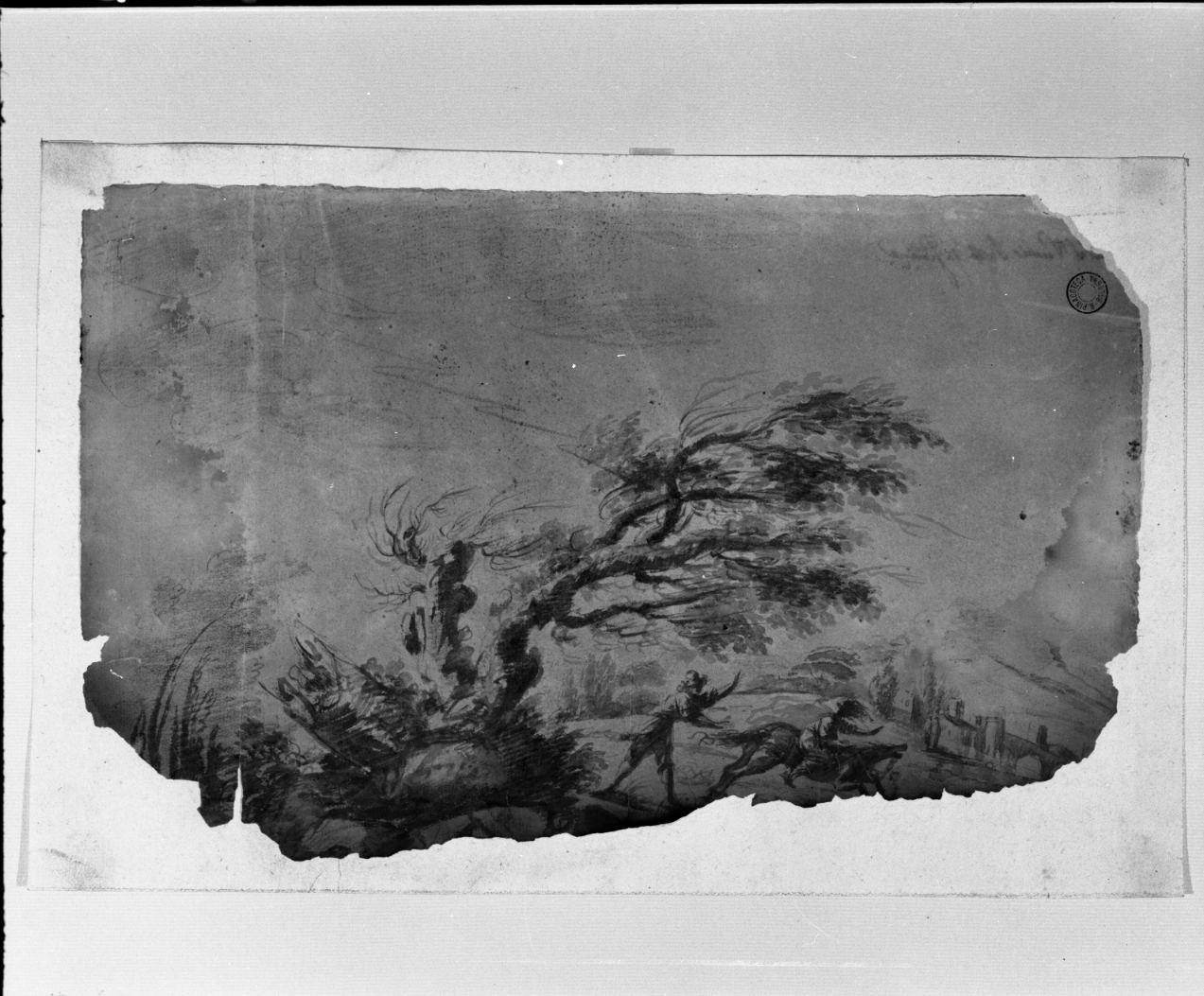 albero contorto con due figurine (disegno, opera isolata) di Fratta Domenico Maria (attribuito) (sec. XVIII)