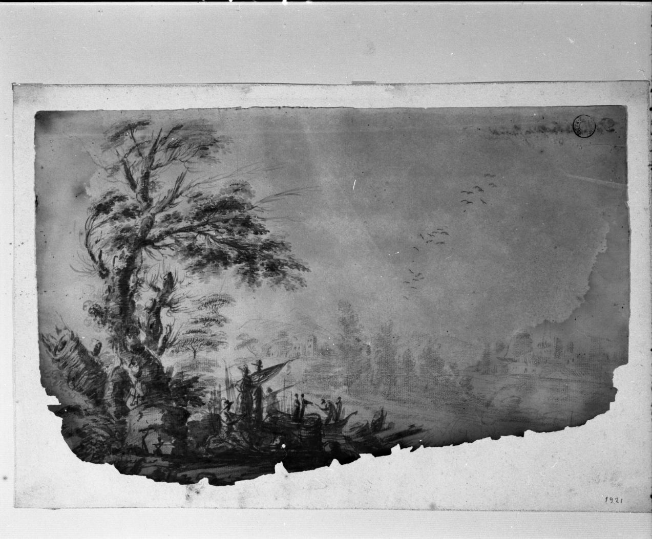 fiume con barche e grosso albero a sinistra (disegno, opera isolata) di Fratta Domenico Maria (attribuito) (sec. XVIII)