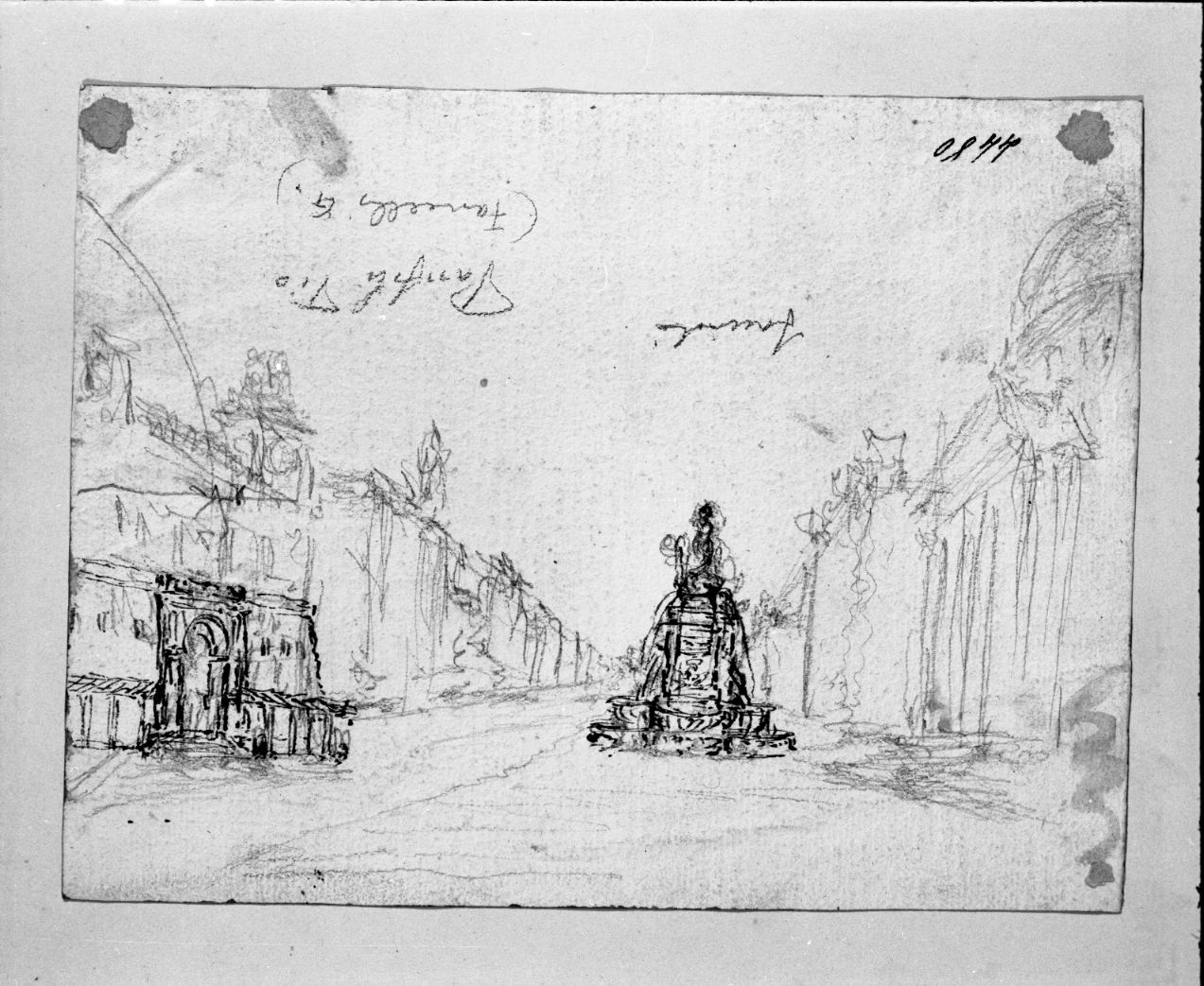 veduta di Quarto Inferiore/ abbozzo di piazza con fontana (disegno) di Fancelli Giuseppe (attribuito) (prima metà sec. XIX)