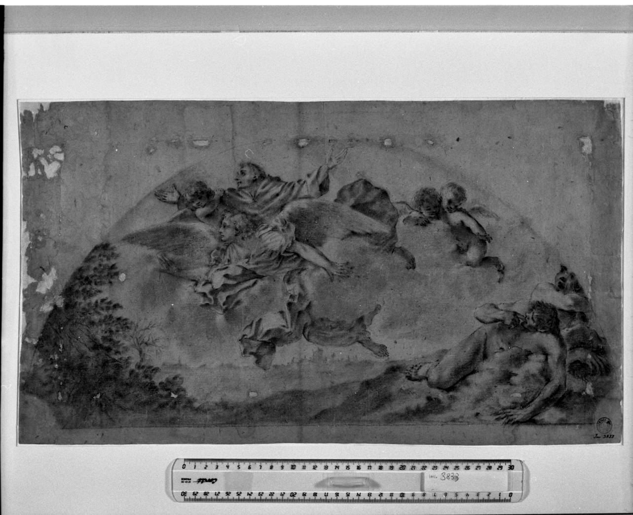 San Filippo Benizzi portato in cielo dagli angeli, due demoni e sfondo di paesaggio (disegno, opera isolata) di Viani Giovannino Maria (attribuito) (sec. XVII)