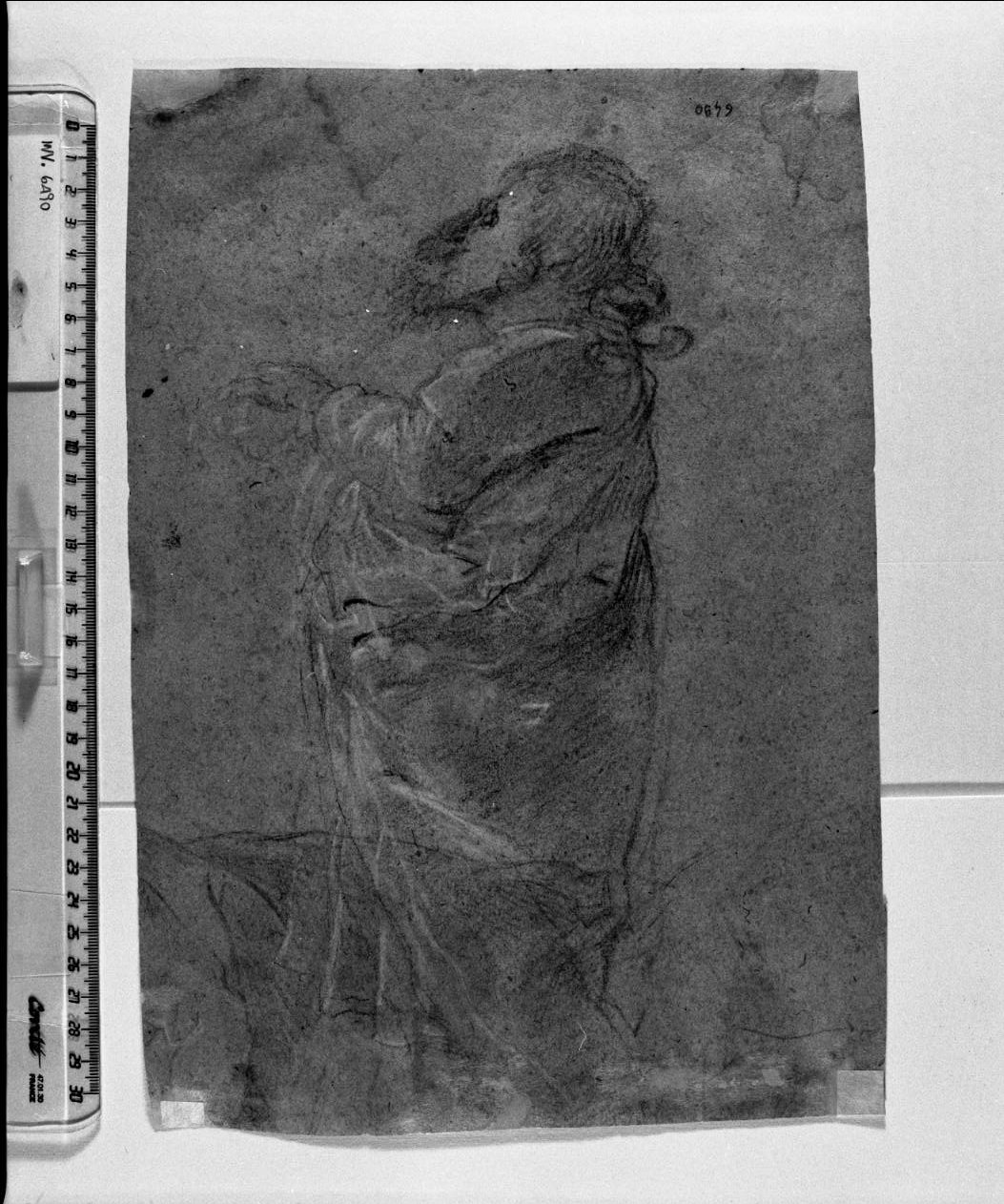 studio di testa femminile/ figura maschile inginocchiata volta verso sinistra (disegno, opera isolata) di Zampieri Domenico detto Domenichino (sec. XVII)
