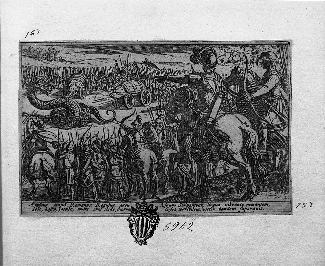 Attilio Regolo fa assalire con macchine il serpente africano, lotta (stampa smarginata) di Tempesta Antonio (secc. XVI/ XVII)
