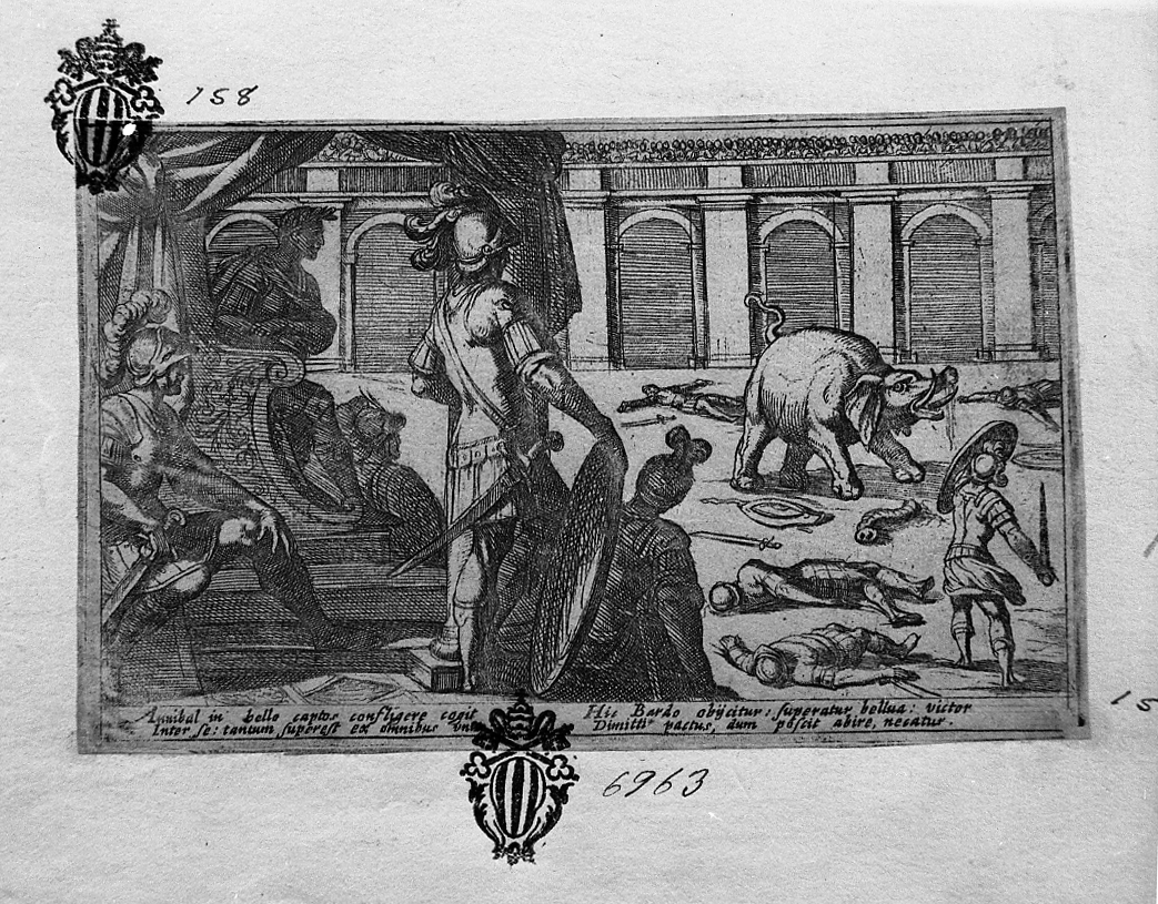 Annibale assiste alla lotta fra un prigioniero di guerra e un elefante nell'arena, lotta (stampa smarginata) di Tempesta Antonio (secc. XVI/ XVII)