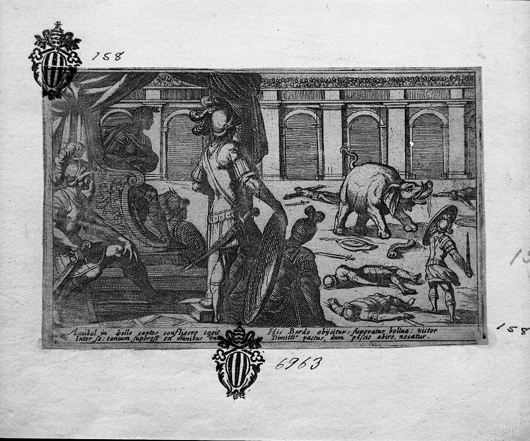 Annibale assiste alla lotta fra un prigioniero di guerra e un elefante nell'arena, lotta (stampa smarginata) di Tempesta Antonio (secc. XVI/ XVII)