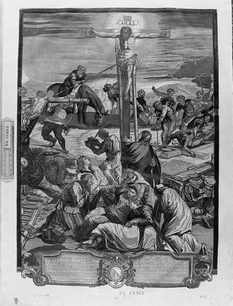 Crocifissione, crocifissione (stampa a colori) di Jackson John Baptist (sec. XVIII)