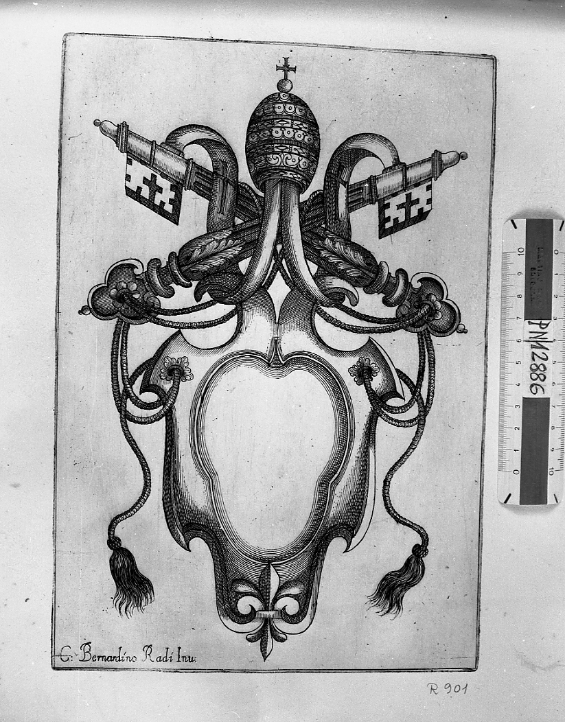 Scudetto per stemma con emblemi pontifici, stemma (stampa smarginata) di Radi Bernardino (sec. XVII)