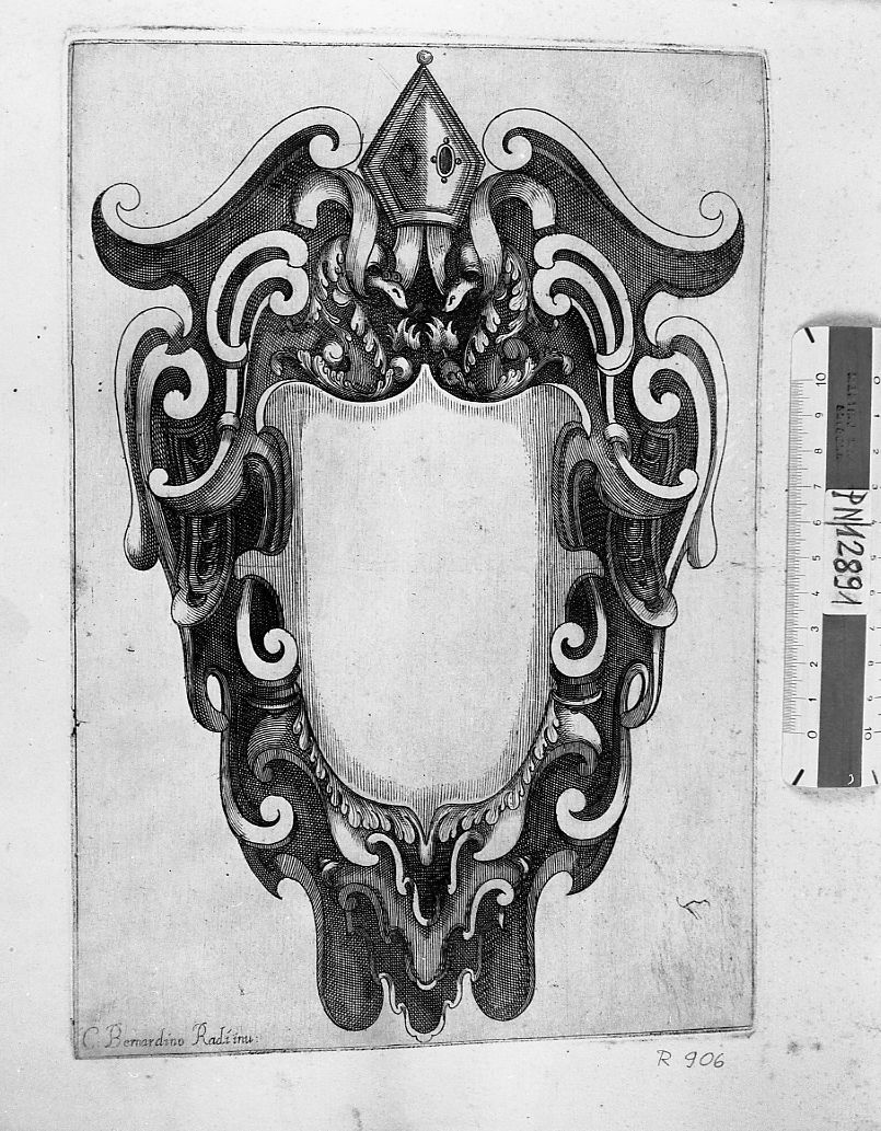 Scudetto per stemma con emblemi vescovili, stemma (stampa smarginata) di Radi Bernardino (sec. XVII)