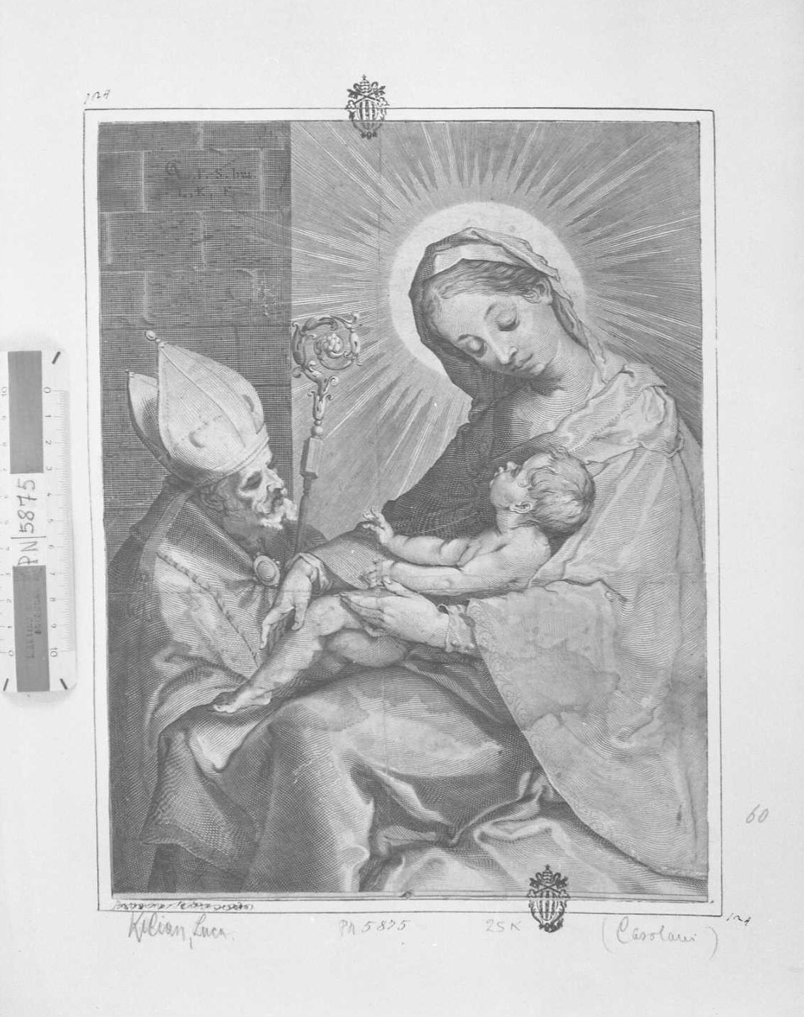 La Vergine col Bambino adorati da un vescovo, Vergine col Bambino (stampa tagliata) di Kilian Lukas (secc. XVI/ XVII)