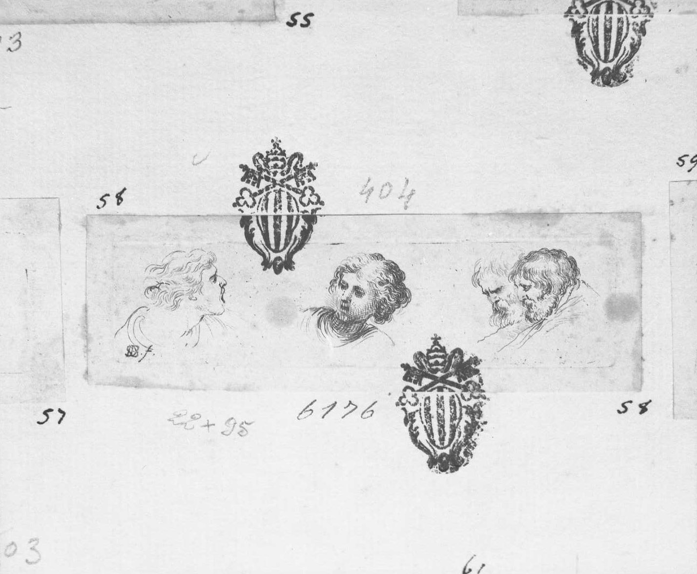 Diverse figure e schizzi: due teste di vecchi, un giovanetto ed una giovanetta nel mezzo, figura maschile (stampa tagliata) di Della Bella Stefano (sec. XVII)