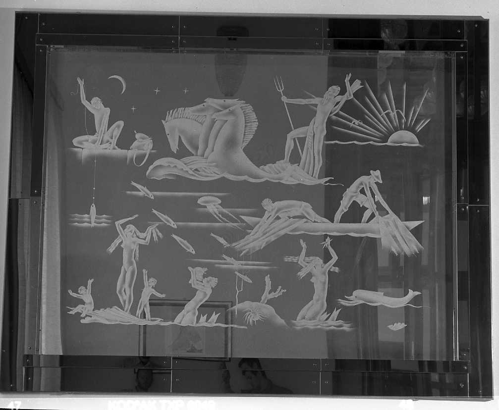scene di caccia e pesca (specchiera) di Covre Cesare (sec. XX)