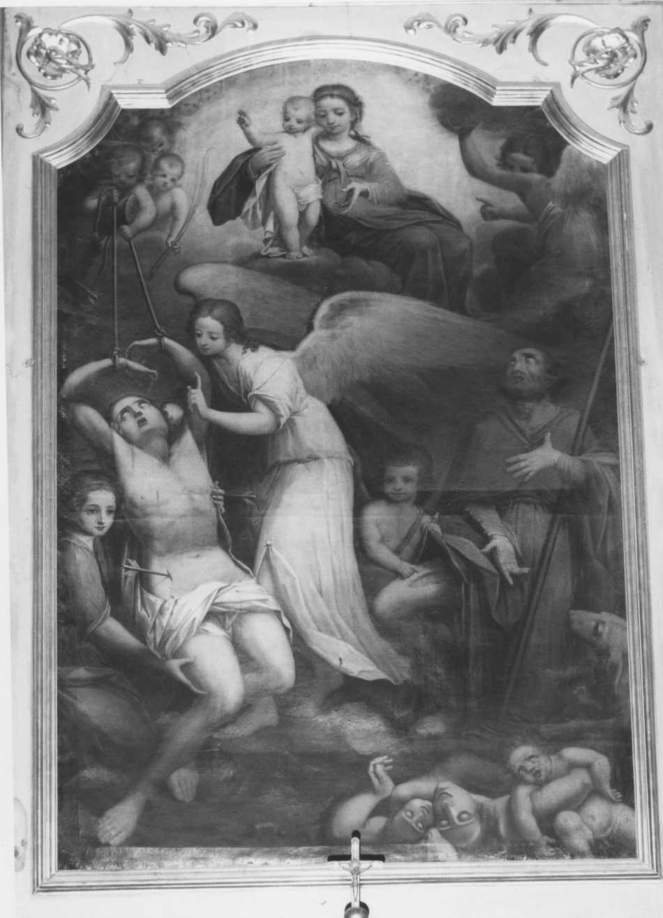 Madonna con Bambino e angeli tra San Sebastiano e San Rocco (dipinto) - ambito romagnolo (sec. XVII)
