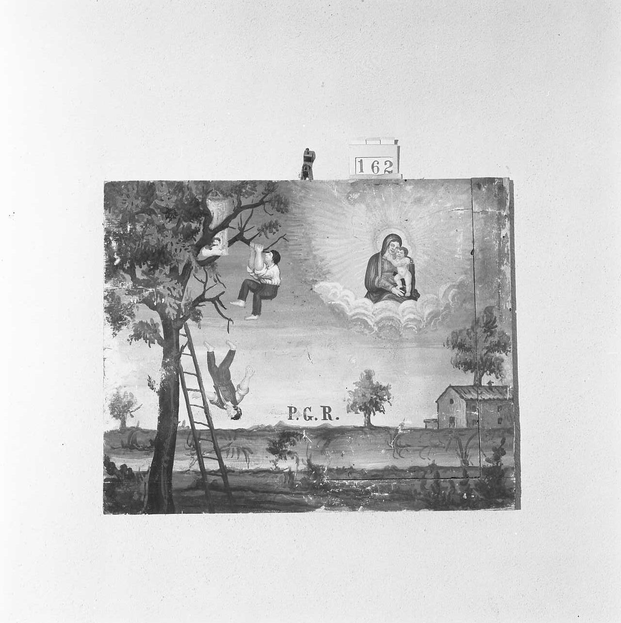 Madonna con Bambino/ miracolo della Madonna (ex voto) - ambito emiliano-romagnolo (sec. XIX)