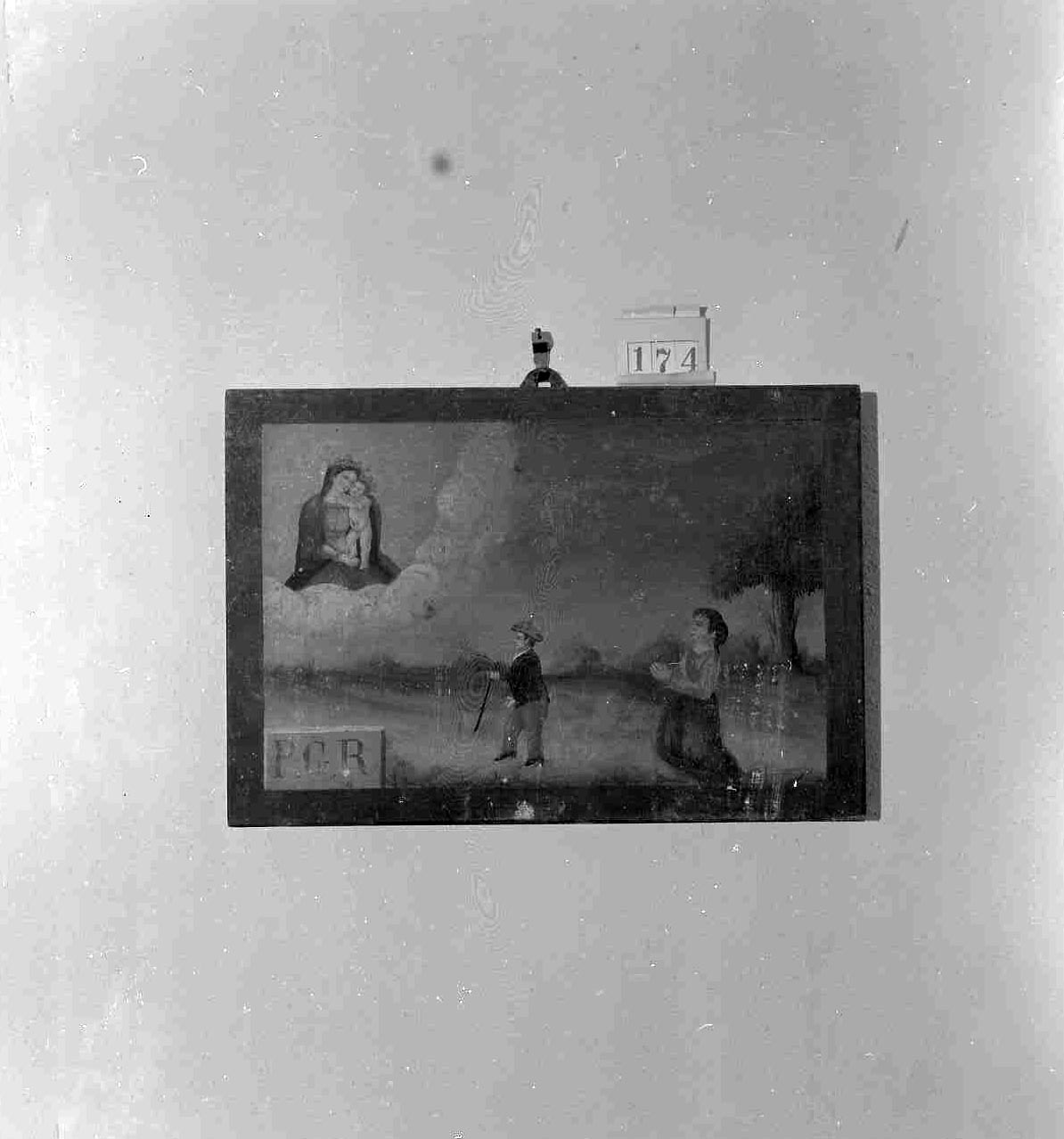 apparizione della Madonna con Bambino/ devoti in preghiera (ex voto) - ambito emiliano-romagnolo (sec. XIX)