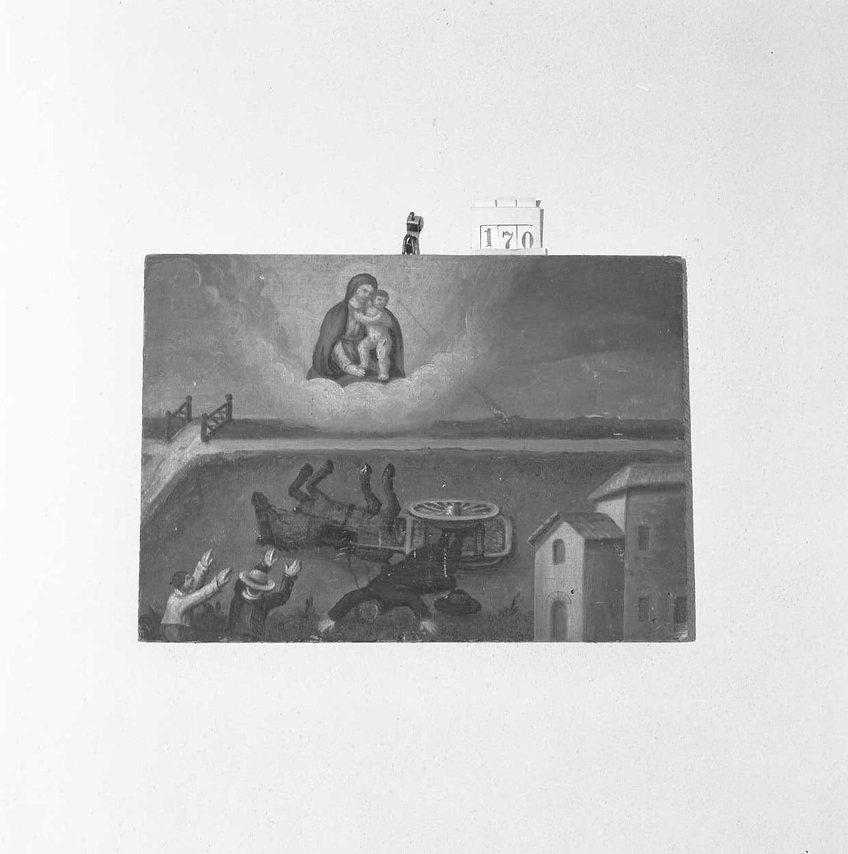 Madonna con Bambino/ miracolo della Madonna (ex voto) - ambito emiliano-romagnolo (sec. XIX)