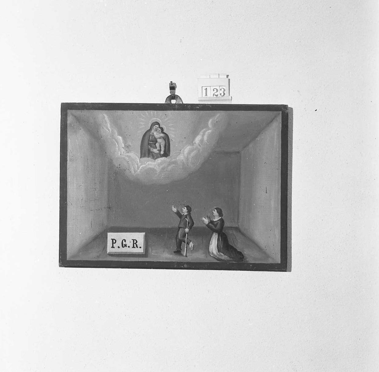 apparizione della Madonna con Bambino/ devoti in preghiera (ex voto) - ambito emiliano-romagnolo (seconda metà sec. XIX)