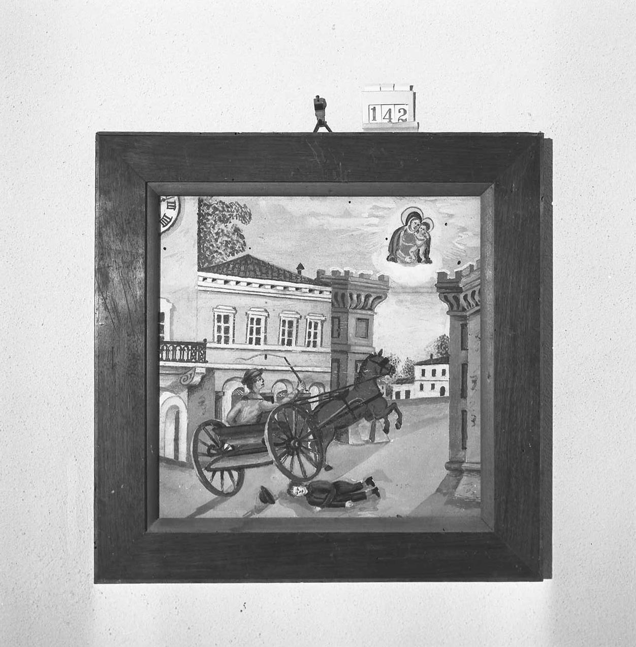 Madonna con Bambino/ miracolo della Madonna/ veduta di città (ex voto) - ambito emiliano-romagnolo (sec. XIX)