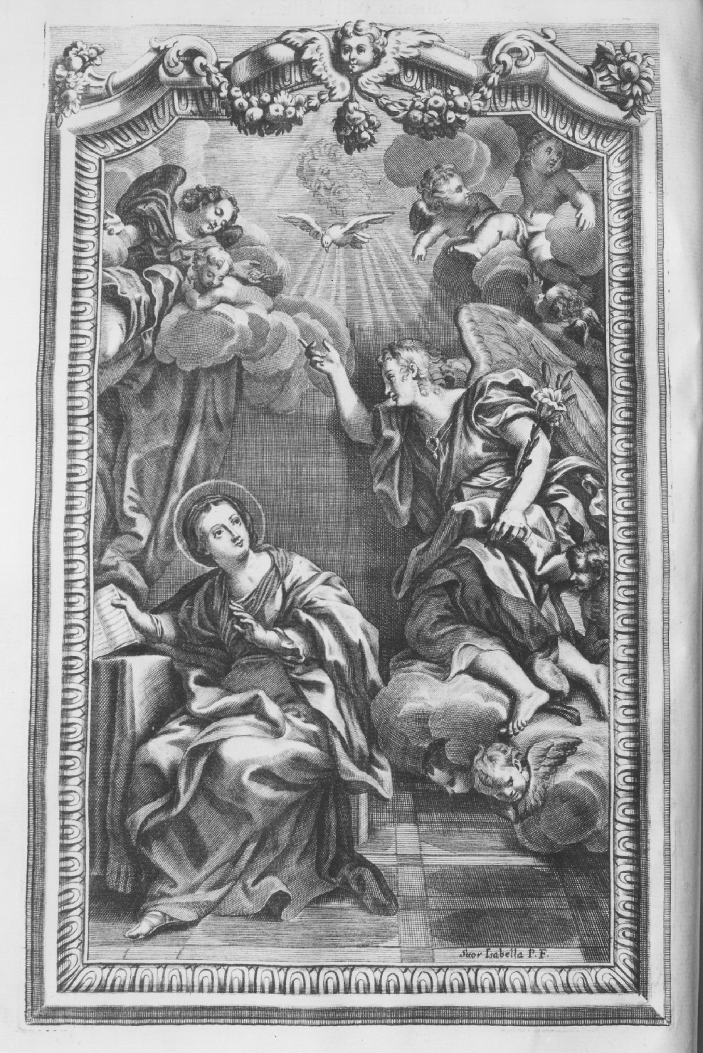 Annunciazione (decorazione a incisione, elemento d'insieme) di Pezzana Nicola, Piccini Isabella (sec. XVIII)