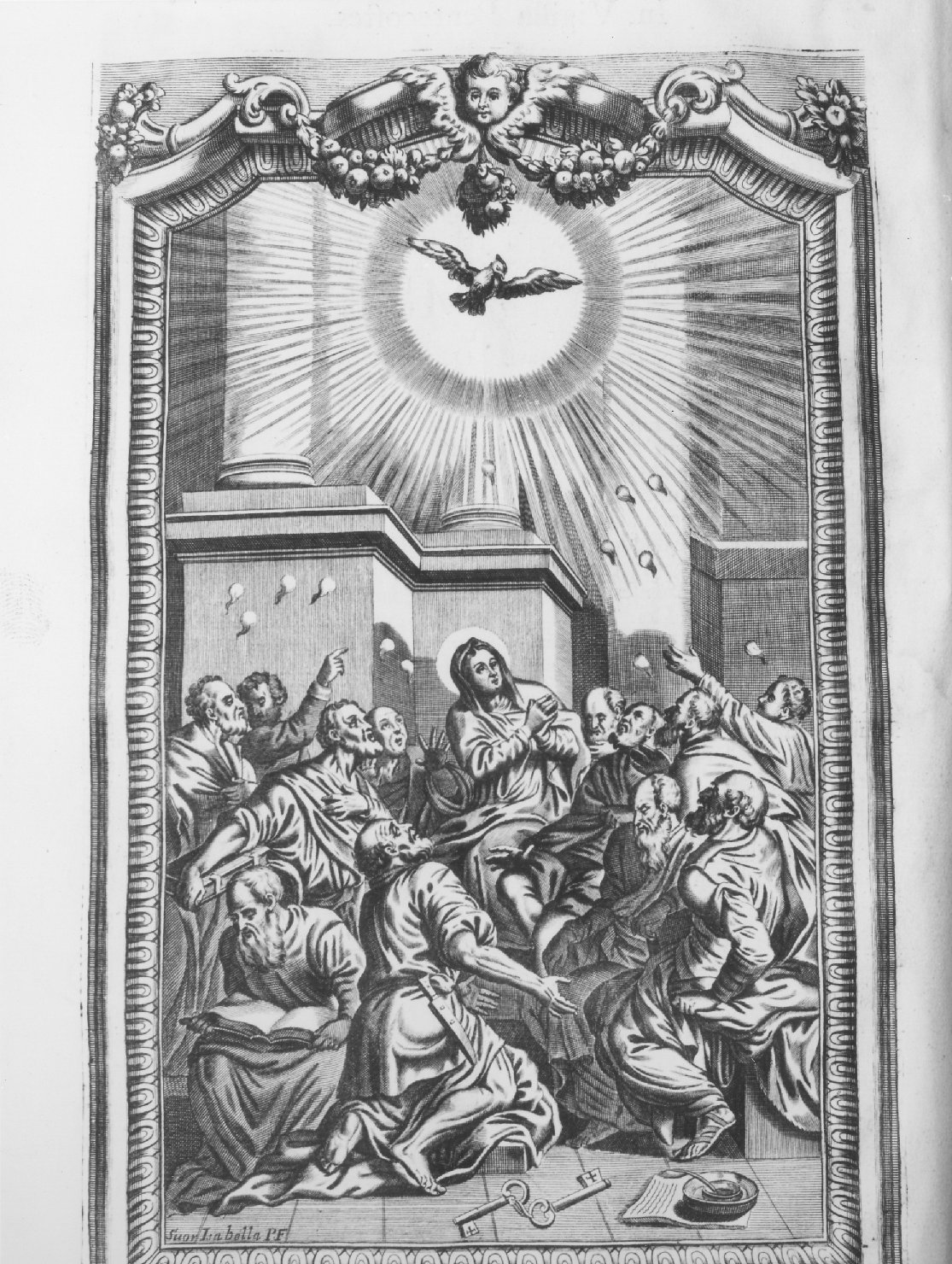 Pentecoste (decorazione a incisione, elemento d'insieme) di Pezzana Nicola, Piccini Isabella (sec. XVIII)