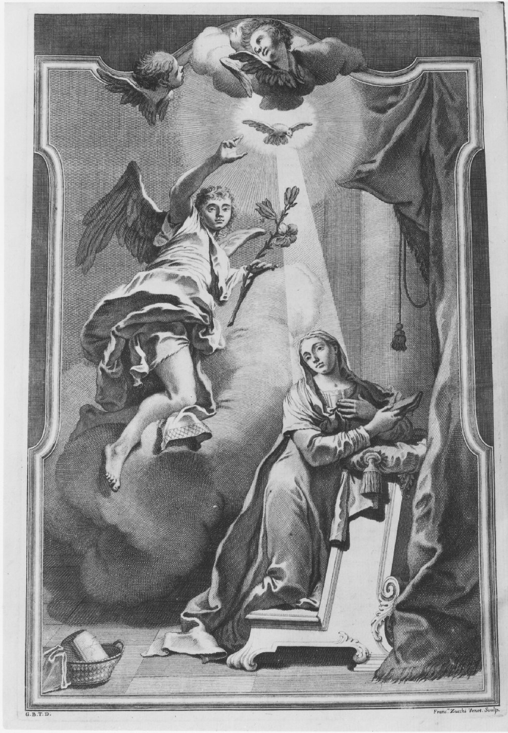 Annunciazione (decorazione a incisione, elemento d'insieme) di Zucchi Francesco, Poleti Andrea (sec. XVIII)