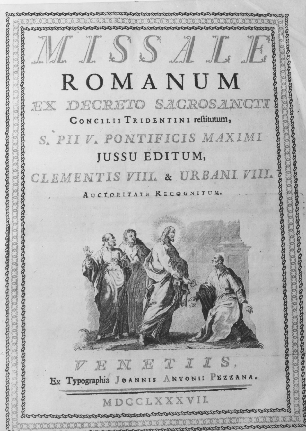 Cristo consegna le chiavi a San Pietro (decorazione a incisione, elemento d'insieme) di Pezzana Giovanni Antonio (sec. XVIII)