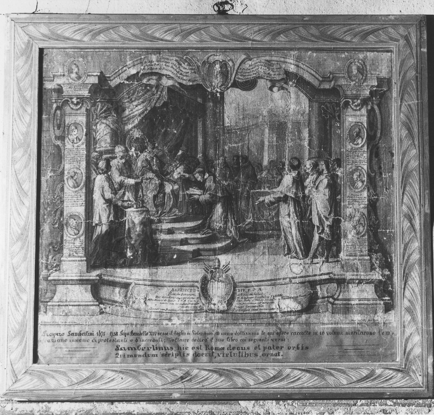 scena con Benedetto XIV (decorazione a incisione, elemento d'insieme) di Nessi Antonio, Baillij Nicola (sec. XVIII)