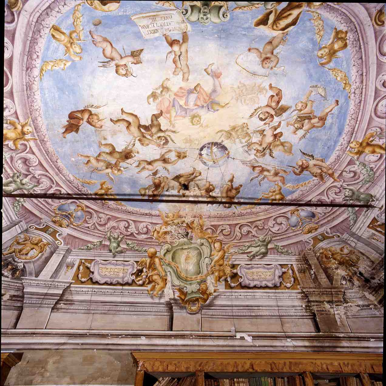 cornice architettonica con motivi decorativi e figure (dipinto murale, elemento d'insieme) - ambito ferrarese (sec. XVIII)
