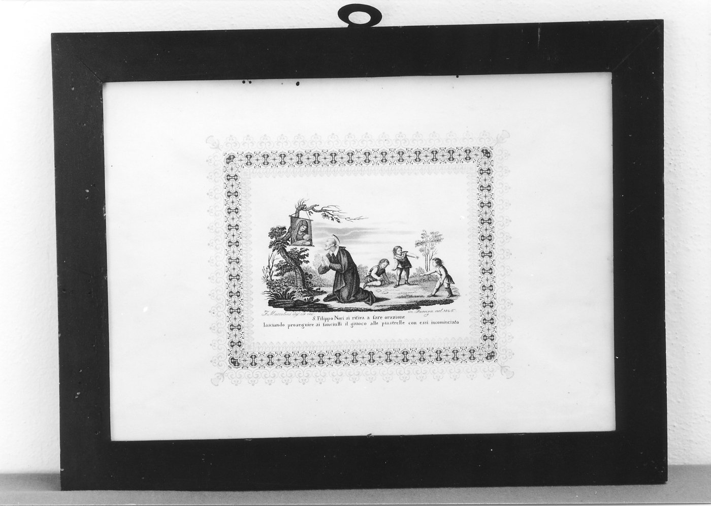 San Filippo Neri in preghiera (decorazione a incisione) di Maccolini F (sec. XIX)