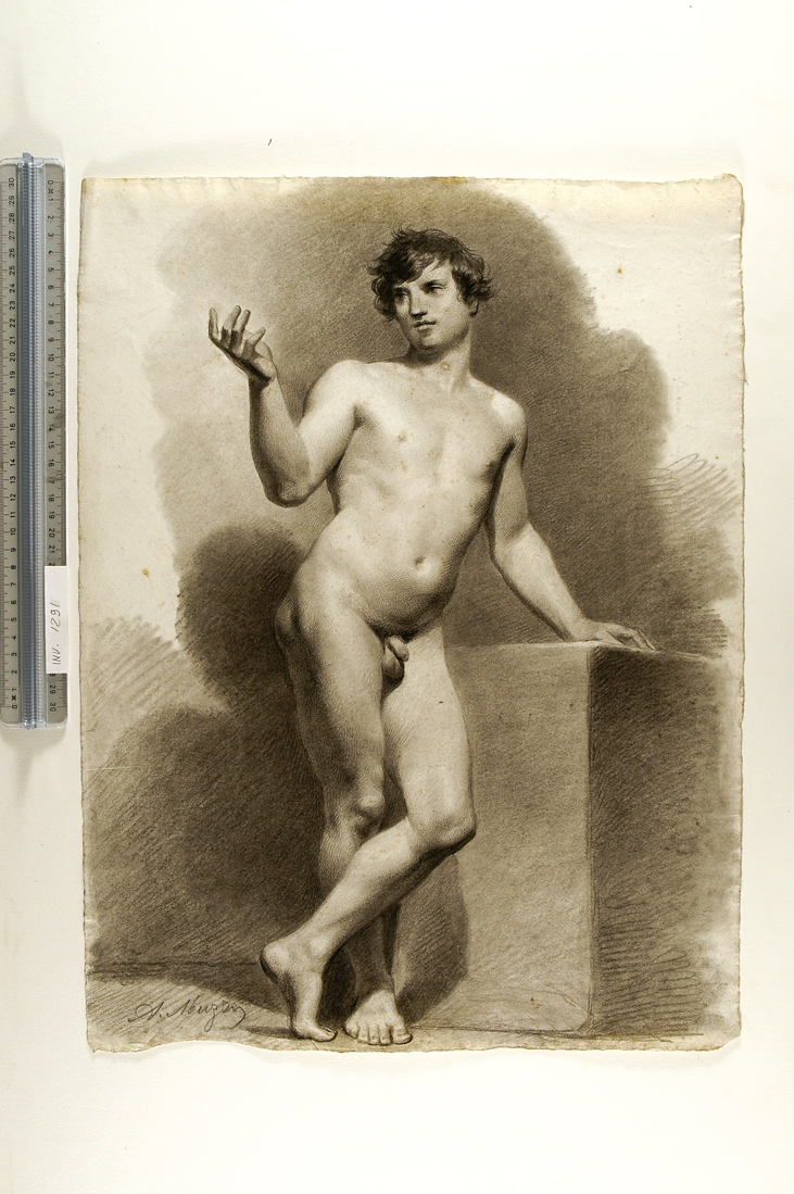 studio accademico di nudo maschile di tre quarti verso destra (disegno) di Muzzi Antonio (sec. XIX)