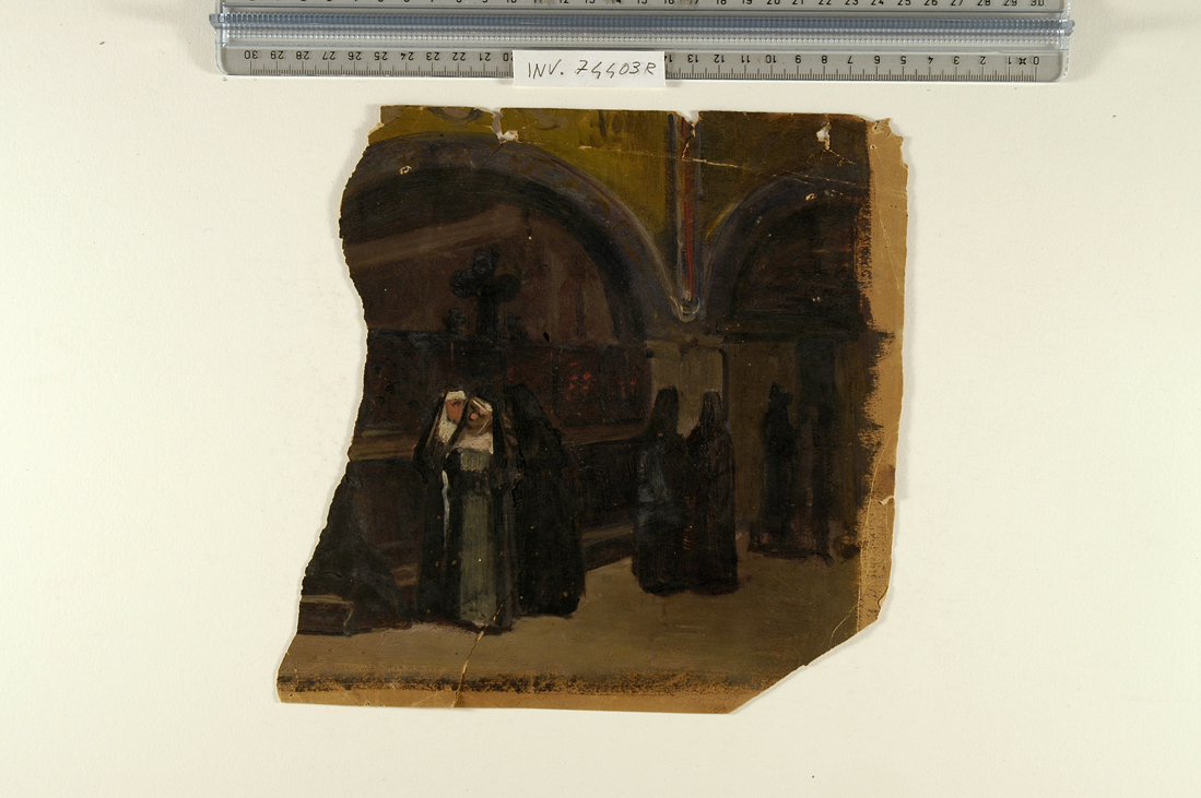 interno di chiesa con monache/ figura femminile semisdraiata (disegno) di Busi Luigi (sec. XIX)