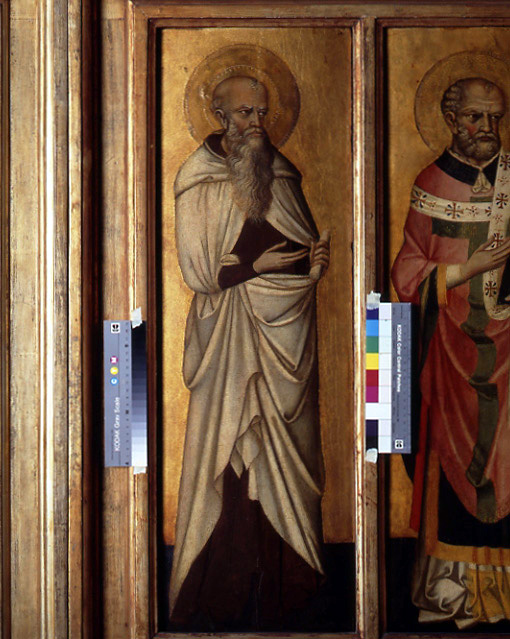 Santo abate carmelitano con rotulo (San Procardo ?) (dipinto, elemento d'insieme) di Stefano di Sant' Agnese (attribuito) (ultimo quarto sec. XIV)