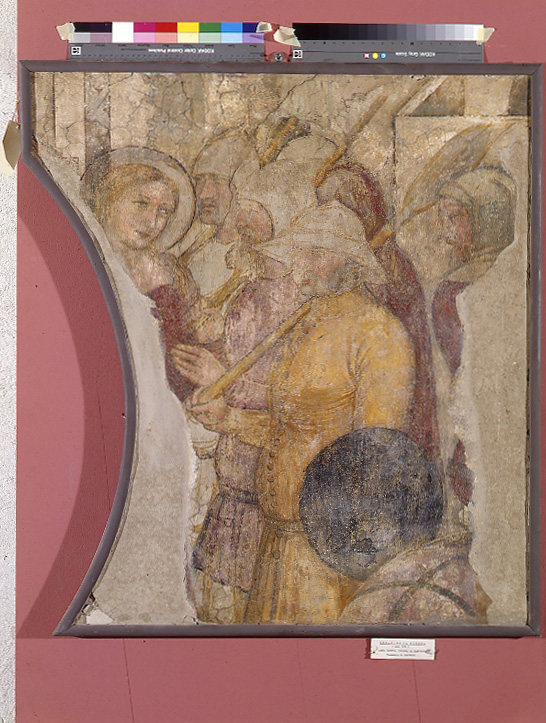 Santa Dorotea condotta al martirio (dipinto murale, frammento) di Serafini Serafino dei (attribuito) (sec. XIV)