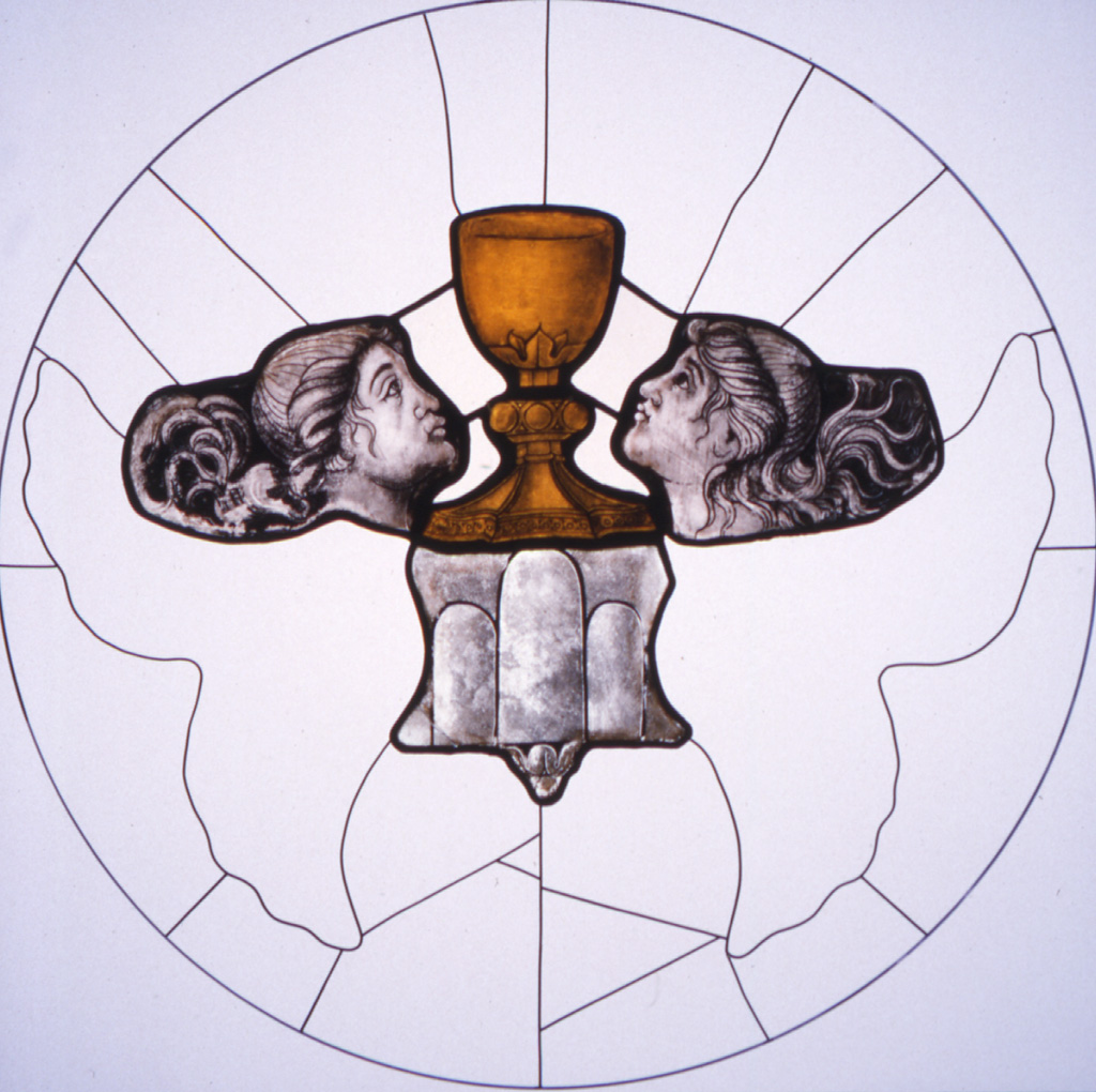 calice fra due angeli (vetrata, elemento d'insieme) di Cabrini Giacomo, Cabrini Domenico (sec. XV)