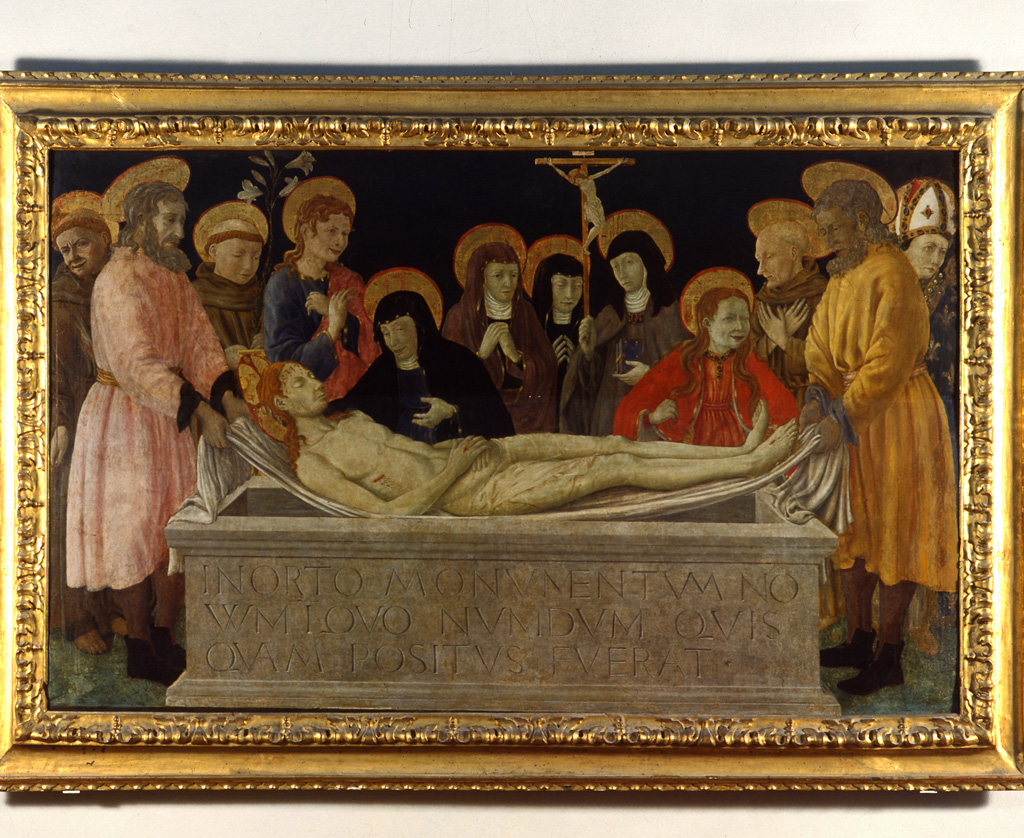 Deposizione di Cristo nel sepolcro con Santi francescani (dipinto) - manifattura ferrarese-padovana (sec. XV)