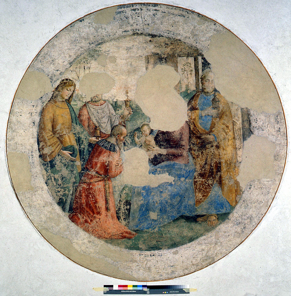 Adorazione dei Magi (dipinto murale, elemento d'insieme) di Pisano Niccolò detto Abbruggia (sec. XVI)