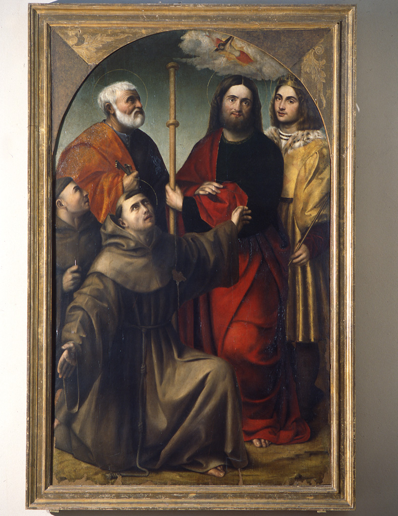 San Francesco riceve le stimmate con San Pietro, San Giacomo Maggiore, San Luigi di Francia e un francescano (dipinto) di Cappellini Gabriele detto Calzolaretto (sec. XVI)