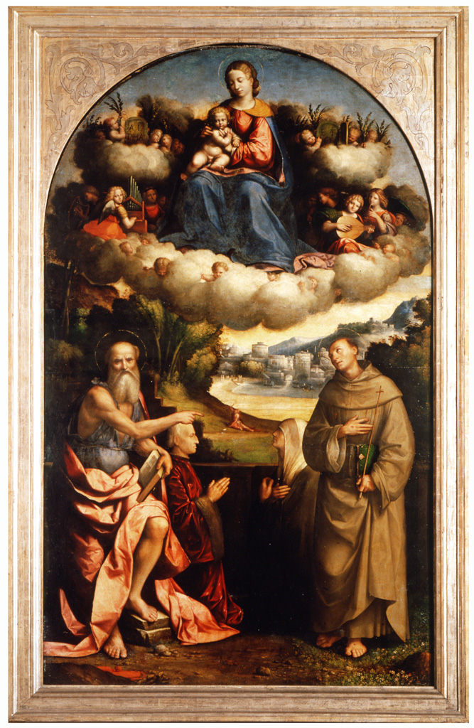 Madonna delle nuvole, Madonna in gloria con San Girolamo, San Francesco d'Assisi e due donatori della famiglia Suxena (dipinto) di Tisi Benvenuto detto Garofalo (sec. XVI)