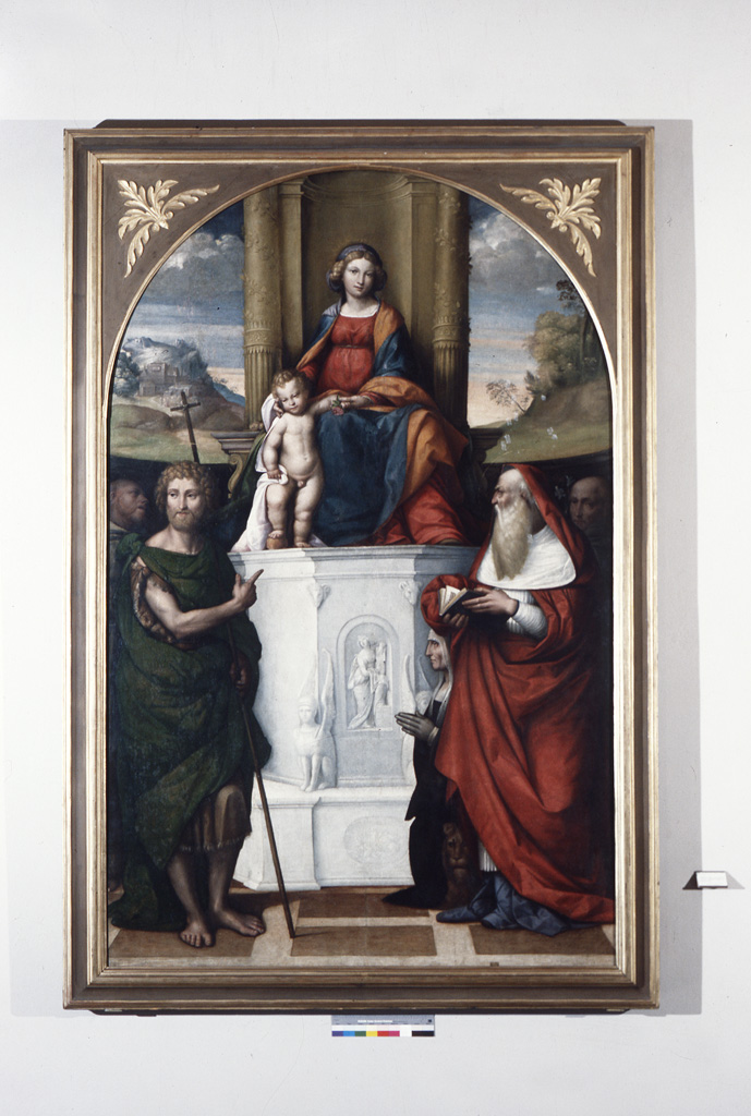 Madonna con Bambino in trono con San Giovanni Battista, San Girolamo, Santi e la donatrice Ludovica Trotti (dipinto) di Tisi Benvenuto detto Garofalo (sec. XVI)