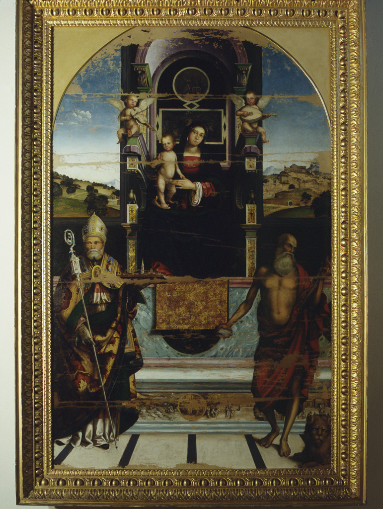 Madonna con Bambino in trono con San Geminiano Vescovo e San Girolamo (dipinto) di Munari Pellegrino (sec. XVI)